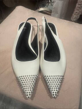 Zara White Pointed Slingback Flats with Silver Studs